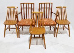 Pair of mid-century McIntosh teak elbow dining chairs, 91cm high x 53cm wide x 46cm deep and a set