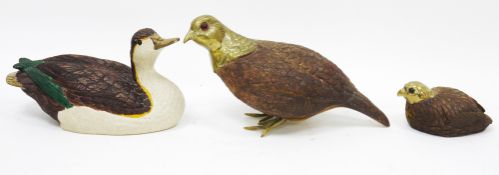 Three Thomas Blackwood Limited of Walsall brass mounted models of game birds including a duck,