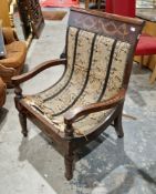 19th century mahogany open armchair with painted flower and swag decoration to top rail and arms,