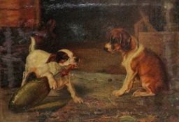 Late 19th century British school  Pair of oil on canvas Hounds playing with a bottle, beside a crate