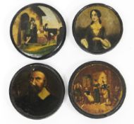 Four 19th century papiermache circular snuff boxes, each with lift off decorated lids, including