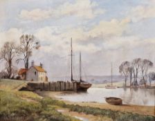 Don Micklethwaite (British, b.1936) Oil on canvas River scene with moored boats and dwelling, signed