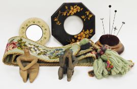 Mixed lot including a floral patterned needlework bell pull with tassel, 177cm long, mahogany
