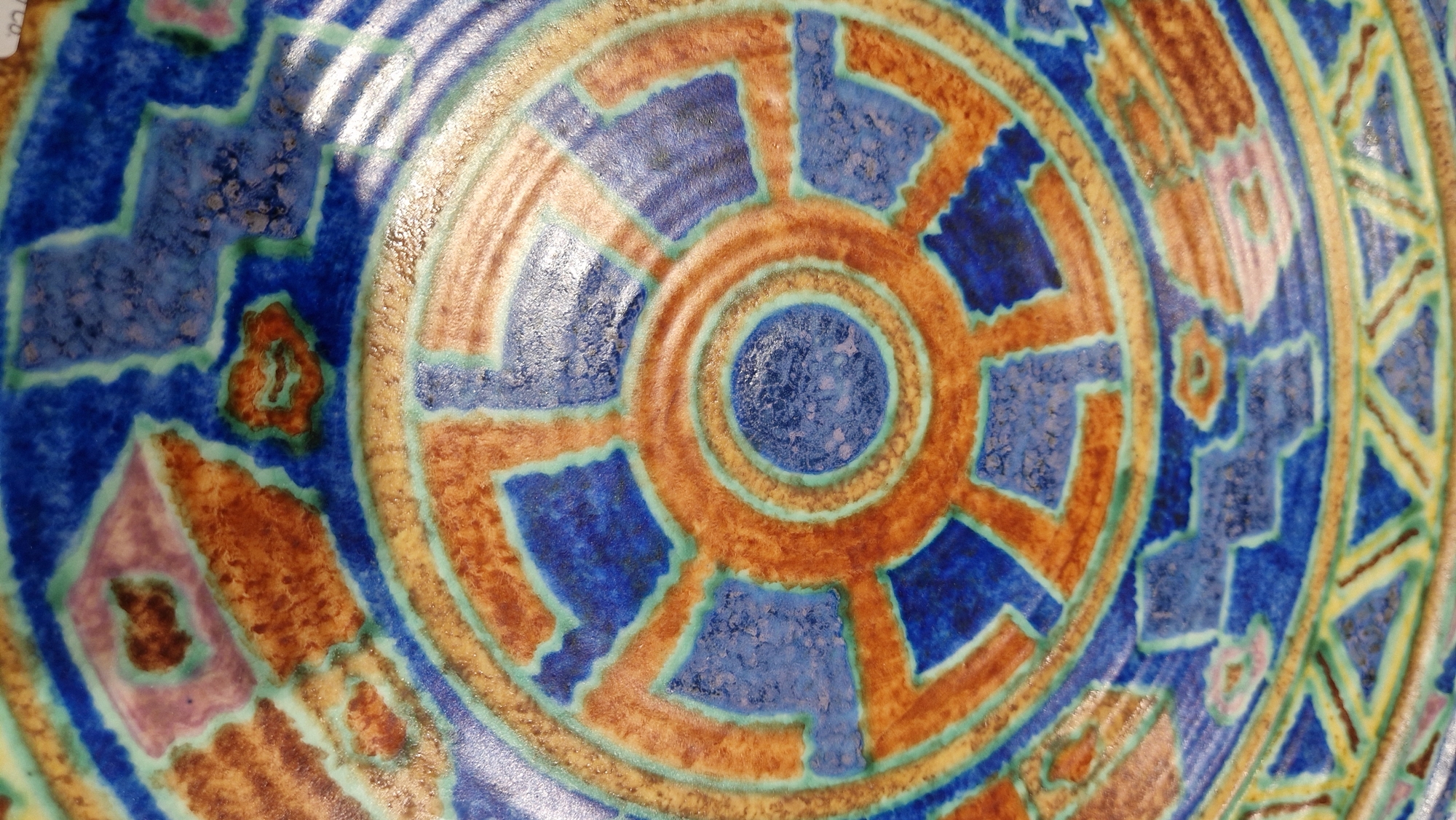 English pottery Art Deco charger, probably by Charlotte Rhead, indistinct blue marks to reverse, - Image 10 of 14