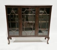 Early 20th century mahogany display cabinet having three astragal glazed doors opening to two