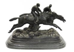 After Paul Louis Emile Loiseau-Rousseau, cast bronze of two racehorses with jockeys jumping a hedge,