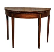 19th century mahogany folding demi-lune afternoon tea table on square tapering supports, 75cm high x