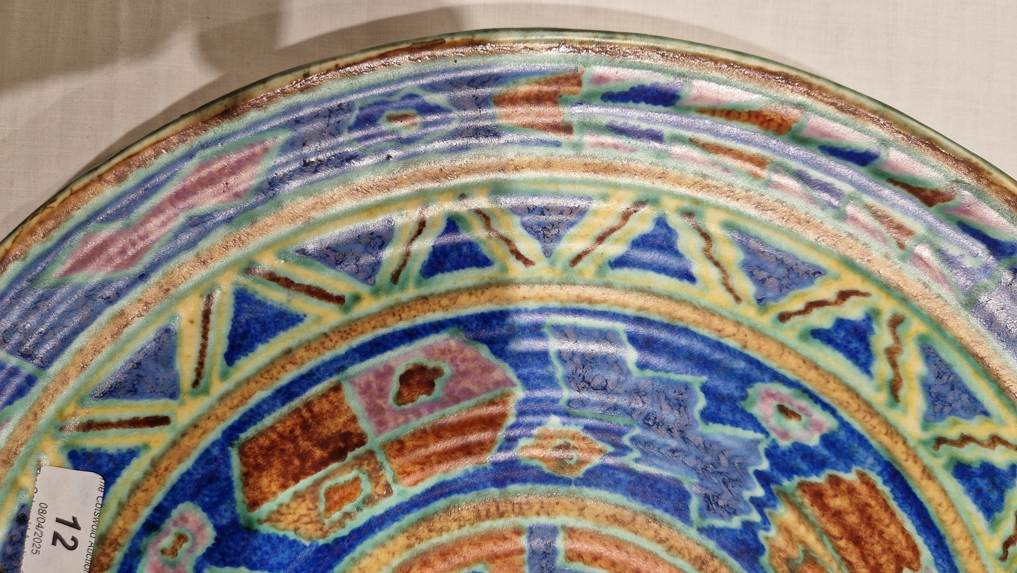 English pottery Art Deco charger, probably by Charlotte Rhead, indistinct blue marks to reverse, - Image 7 of 14