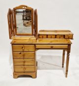 Modern Ducal pine dressing table having a long drawer with fitted interior and single pedestal of