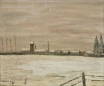 20th century school Oil on canvas Winter rural scene with farm buildings, indistinctly signed