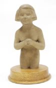 Contemporary three-quarter length sculpture of a kneeling young girl with a bob hair-cut, brown