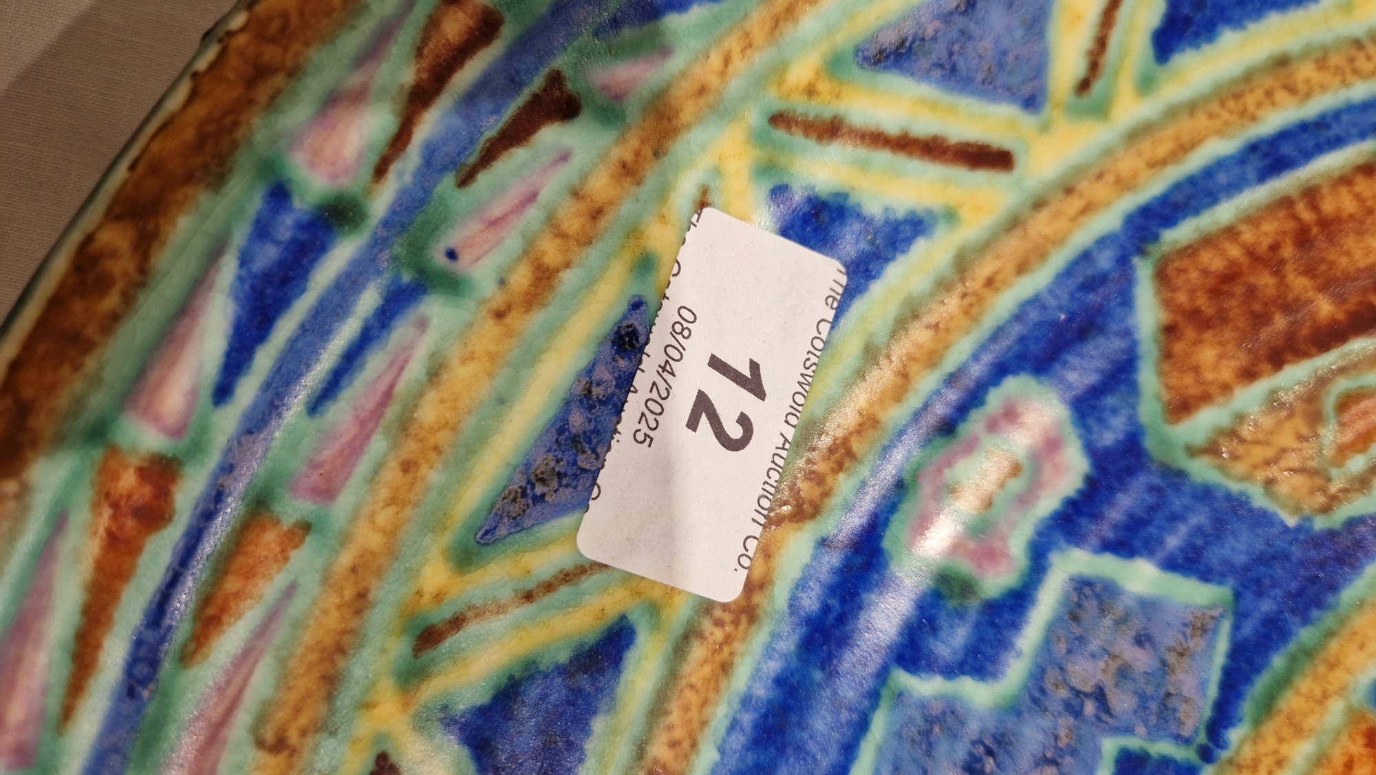 English pottery Art Deco charger, probably by Charlotte Rhead, indistinct blue marks to reverse, - Image 3 of 14