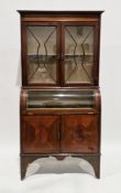 Edwardian mahogany inlaid display cabinet cupboard, the upper section with twin glazed doors opening