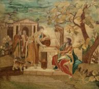 Georgian embroidered silk picture of Rebecca at the Well, enriched with watercolour background,