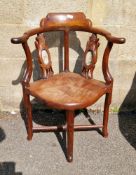 Chinese hardwood corner chair, the side back splats inset with marble oval plaques, solid seat, on