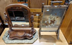 Late 19th century aesthetic-movement bamboo firescreen with flower painted glass panel, 74cm high