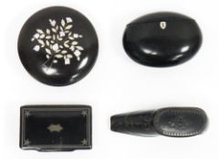 Four 19th century papiermache snuff boxes including box in the form of a shoe with white metal