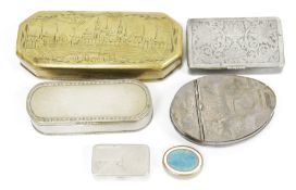 19th century Dutch brass tobacco box, the lid engraved with a scene of Delft, 14cm long together