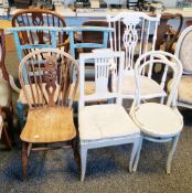 Pair of French rustic blue painted ladderback chairs with rush seats, 90cm high x 45cm wide, a white