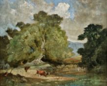 20th century school Oil on board New Forest river landscape with cattle watering, unsigned,