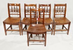 Set of five Regency elm and mahogany provincial dining chairs with turned mahogany spindle backs,