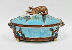 English majolica oval two-handled game pie dish and cover, circa 1880, probably Joseph Holdcroft,
