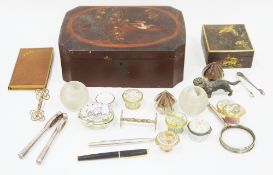 Two Japanese lacquered boxes containing various small collectables including five Bilston &