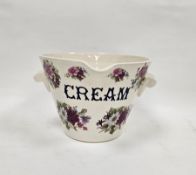Victorian-style 'ironstone' cream pail, titled CREAM in blue, within floral bouquets, with scroll