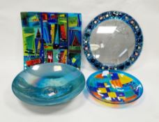 Three contemporary studio glass bowls including a multi-coloured glass bowl of square form by Amanda