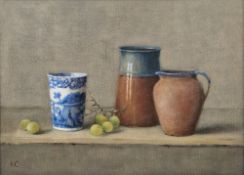 Nellie Crawford (Australian, contemporary) Oil on canvas 'Brown Jug, Grapes & Blue and White Pot',