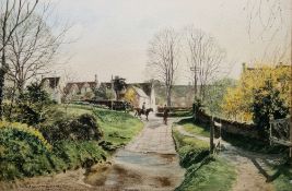 Alan Ingham (British, 1932-2002) Watercolour Country village scene with two figures on horseback,