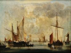 19th century school Oil on canvas Fishing boats moored in harbour, unsigned, 41cm x 53.5cm