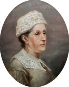 19th century school Pastel on paper Portrait of a woman wearing white floral bonnet, unsigned,
