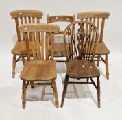 Set of three lath and slatback elm seated kitchen chairs, 90cm high x 46cm wide, a 19th century