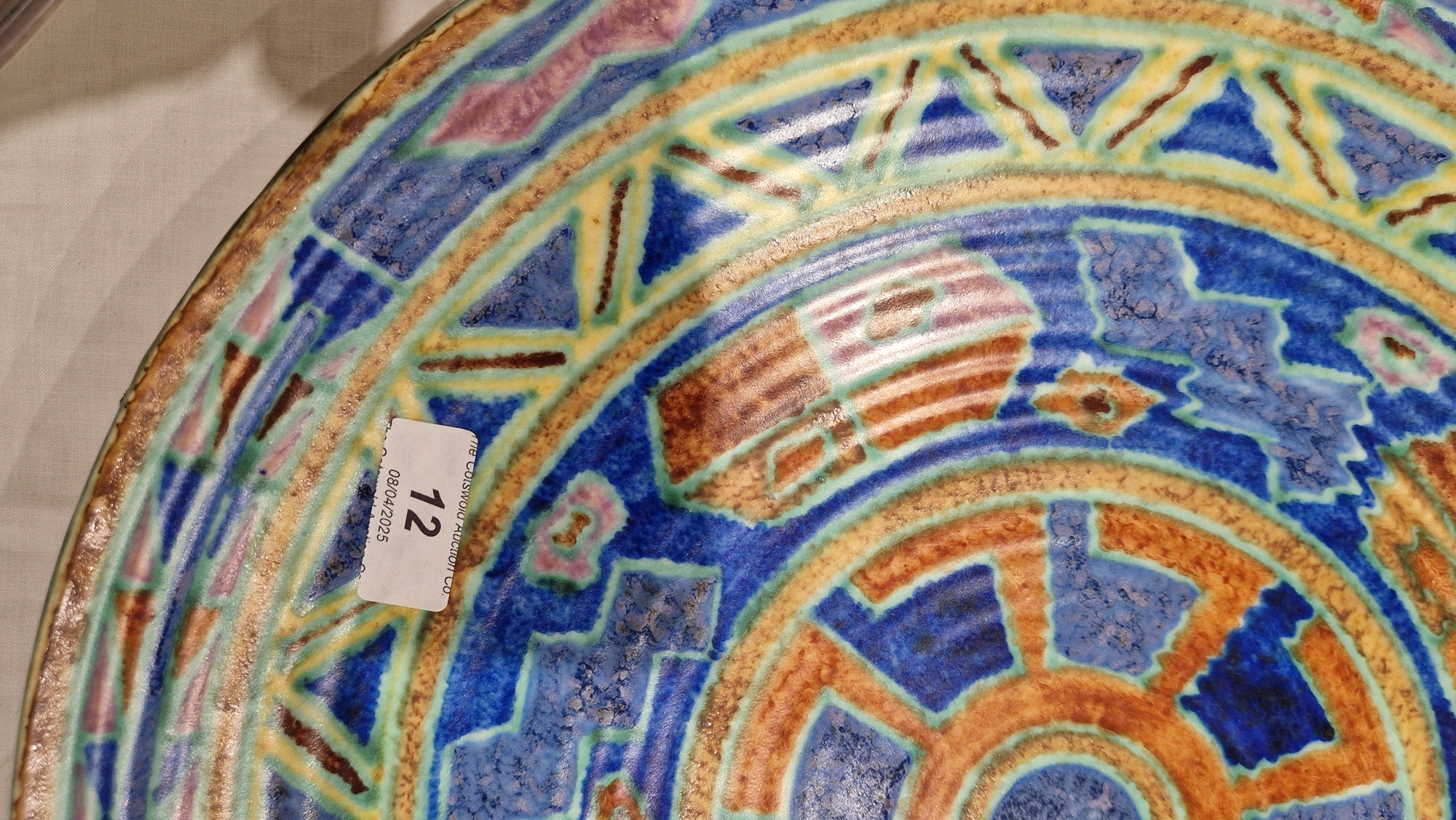 English pottery Art Deco charger, probably by Charlotte Rhead, indistinct blue marks to reverse, - Image 6 of 14