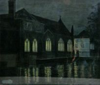 Early 20th century school  Pastel on paper Church in city river landscape by night, indistinctly