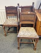 Set of four early 20th century oak dining chairs in the 17th century manner, with linenfold carved