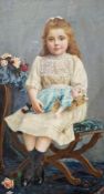 19th/20th century school Oil on canvas Full-length portrait of a young girl seated on a stool
