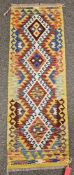Chobi Kilim blue ground runner with four hooked lozenges, single geometric border 157cm x 55cm