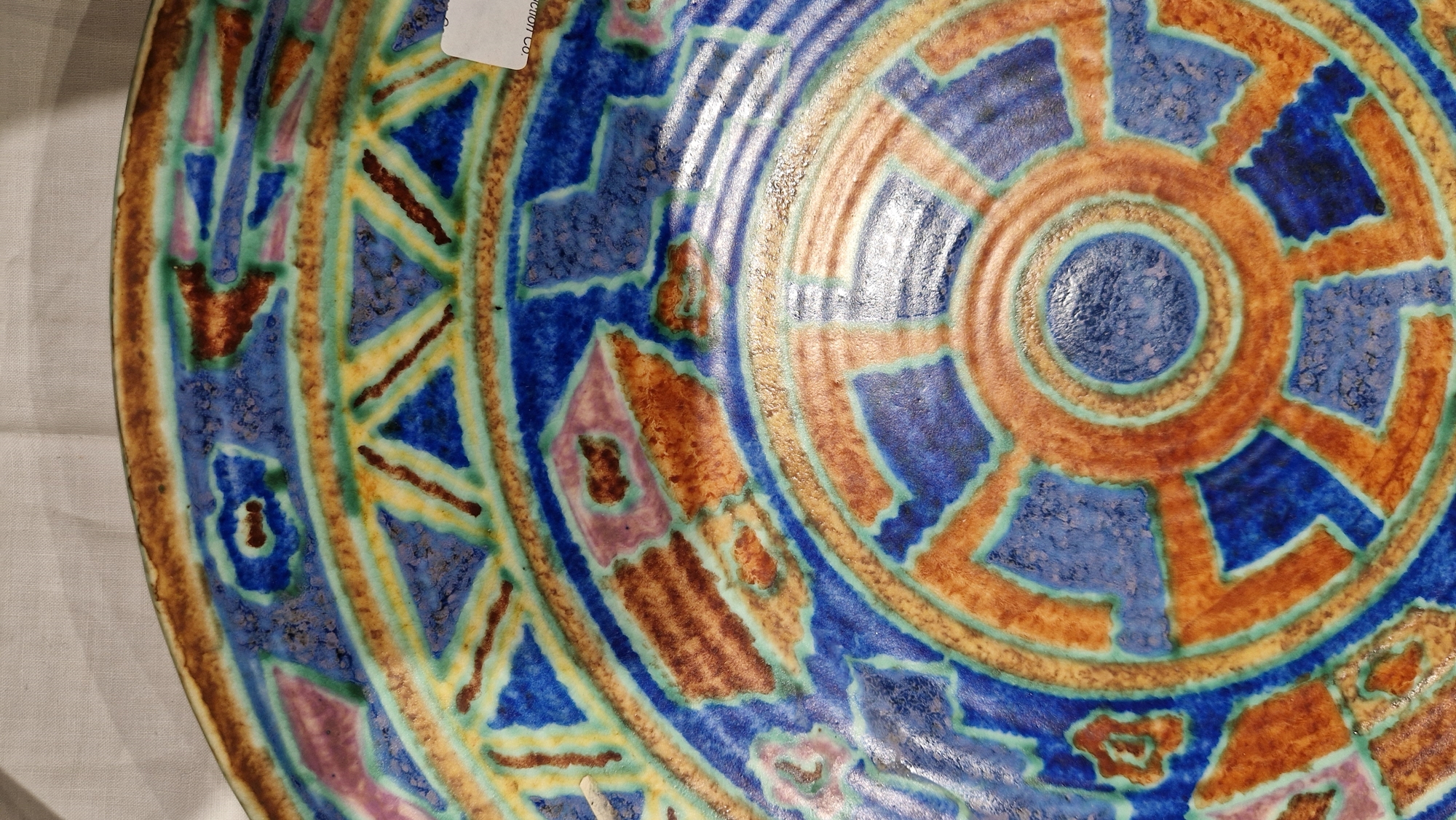 English pottery Art Deco charger, probably by Charlotte Rhead, indistinct blue marks to reverse, - Image 5 of 14