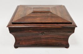 Large 19th century rosewood tea caddy of sarcophagus-form, having four lidded compartments and two