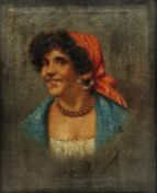 Arturo Petrocelli (Italian, 1856-1926) Oil on canvas Portrait of a gypsy woman wearing red