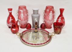Two pairs of Mary Gregory-style cranberry coloured vases, circa 1900, the first oviform with crimped