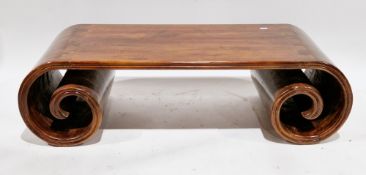 Chinese hardwood coffee table with curved scrolling supports, 40cm high x 135cm long x 55cm deep
