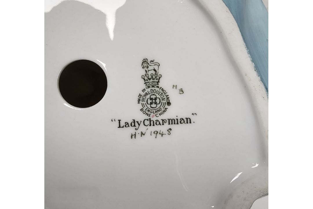 Royal Doulton bone china figure of Lady Charmian, wearing a blue dress and mottled pink shawl, - Image 3 of 4
