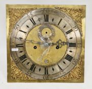 Eight-day longcase clock movement, square 12-inch brass dial engraved with dove over square date