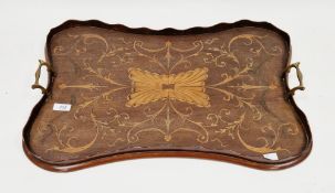 Edwardian mahogany serving tray, the shaped outline with wavy gallery rail, satinwood foliate