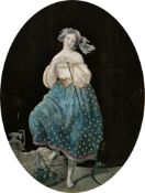 Framed Victorian decoupage/embossed picture of a young lady, standing, in long blue dress,