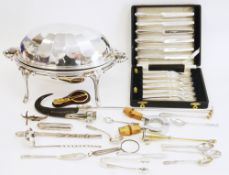 Early 20th century ram's horn and chrome cigar cutter, silver plated breakfast dish, 35cm long, a