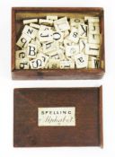 Early 19th century bone spelling alphabet, comprising approximately 94 tiles, each double sided